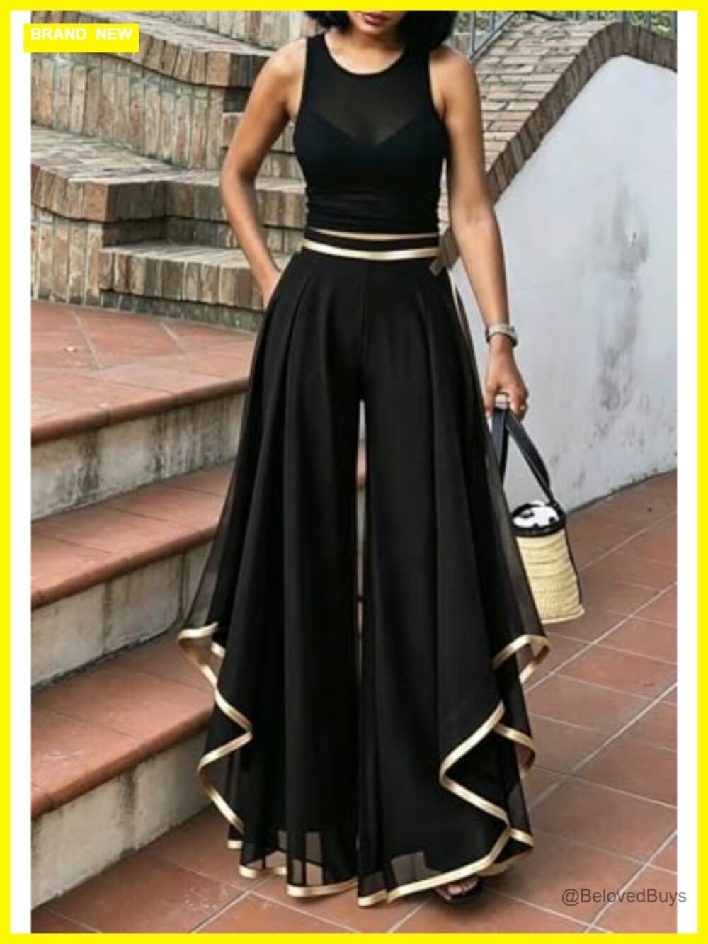 Chiffon Flowy Wide Leg Dress Pants Gold Trim High Waisted Business Trousers - Picture 3 of 6
